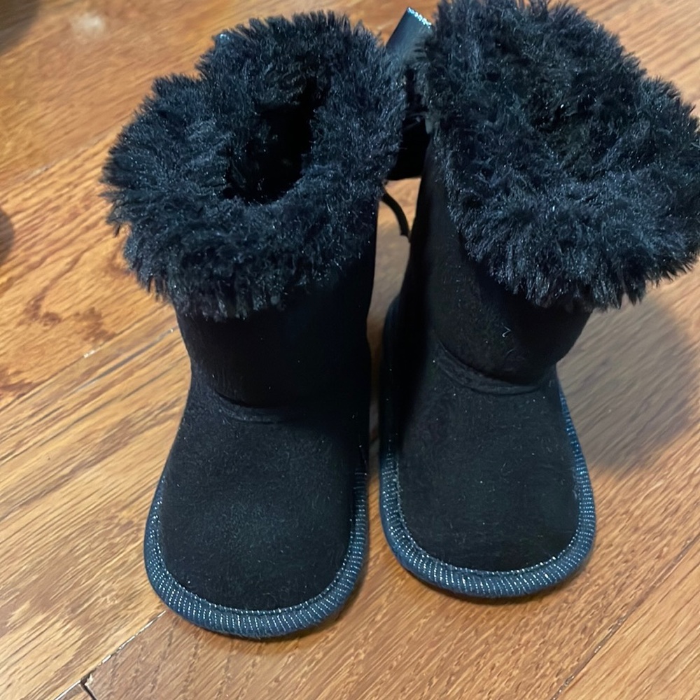 Baby girl size one black fur boots with Velcro sides